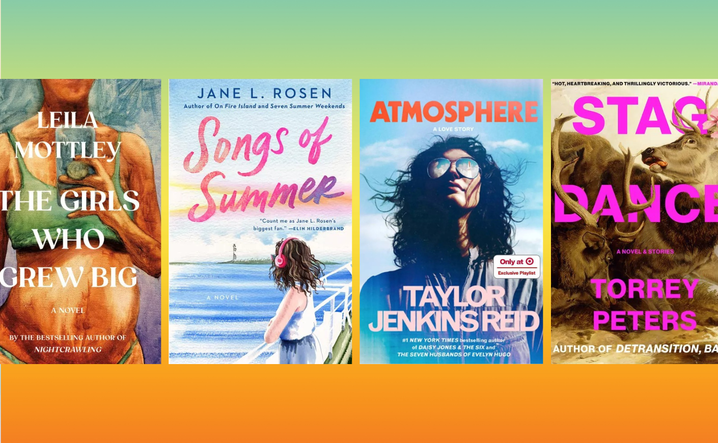 Book covers on a yellow, orange, and green gradient background