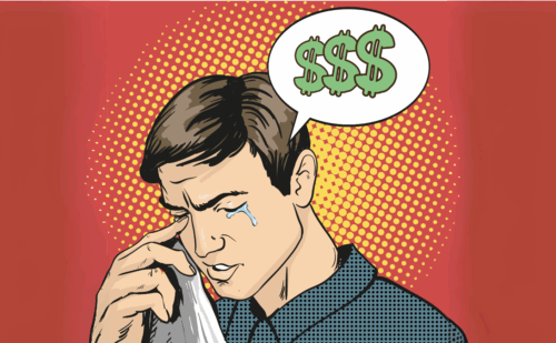 comic style drawing of a man crying with a thought bubble filled with dollar signs above him
