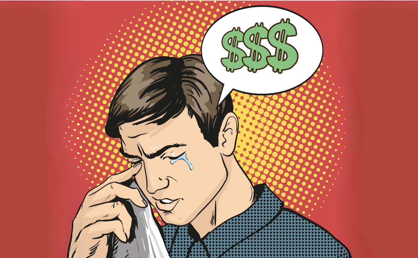 comic style drawing of a man crying with a thought bubble filled with dollar signs above him