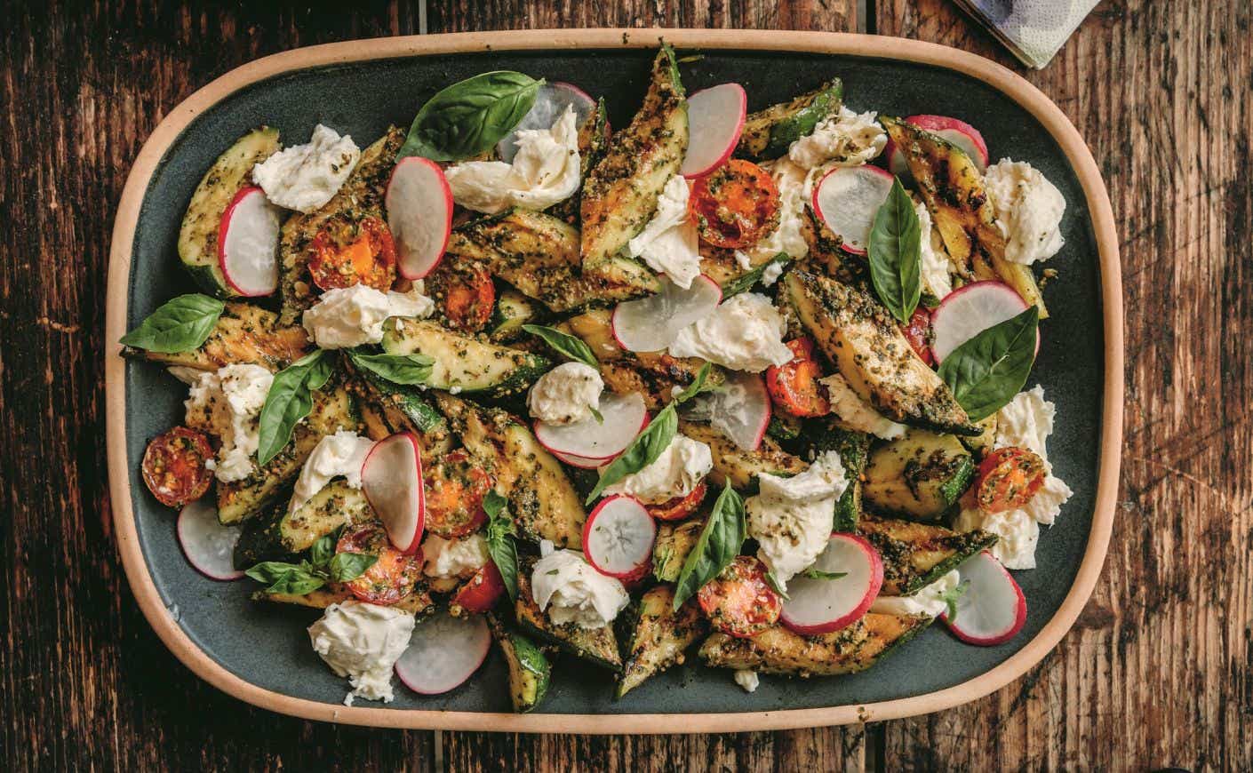 A platter of grilled zucchini and mozzarella salad.