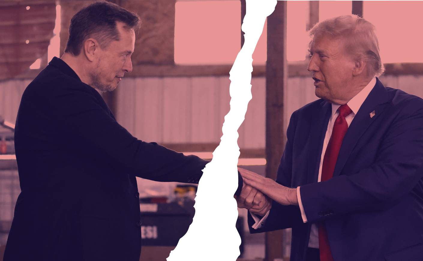 a photo of elon musk and trump ripped in half