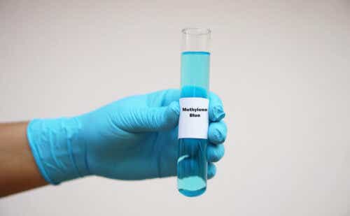 Close up chemist hand wears glove, hold test tube of Methylene Blue. Concept, Chemical used as a dye and as medication for methemoglobinemia treatment. Scientific experiment. Laboratory process.