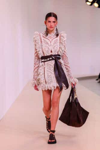 PARIS, FRANCE - SEPTEMBER 30: (EDITORIAL USE ONLY - For Non-Editorial use please seek approval from Fashion House) A model walks the runway during the Zimmermann Paris Womenswear Spring-Summer 2025 show as part of Paris Fashion Week on September 30, 2024 in Paris, France. (Photo by Peter White/Getty Images)