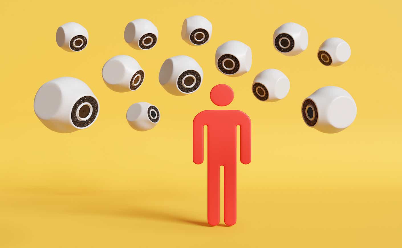 Many security cameras tracking a red person symbol on a yellow background. Illustration of the concept of mass surveillance and breach of personal data privacy