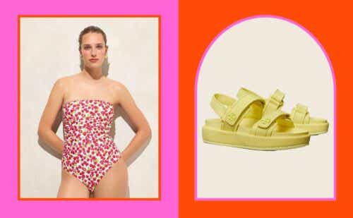 woman in a bathing suit next to yellow sandals