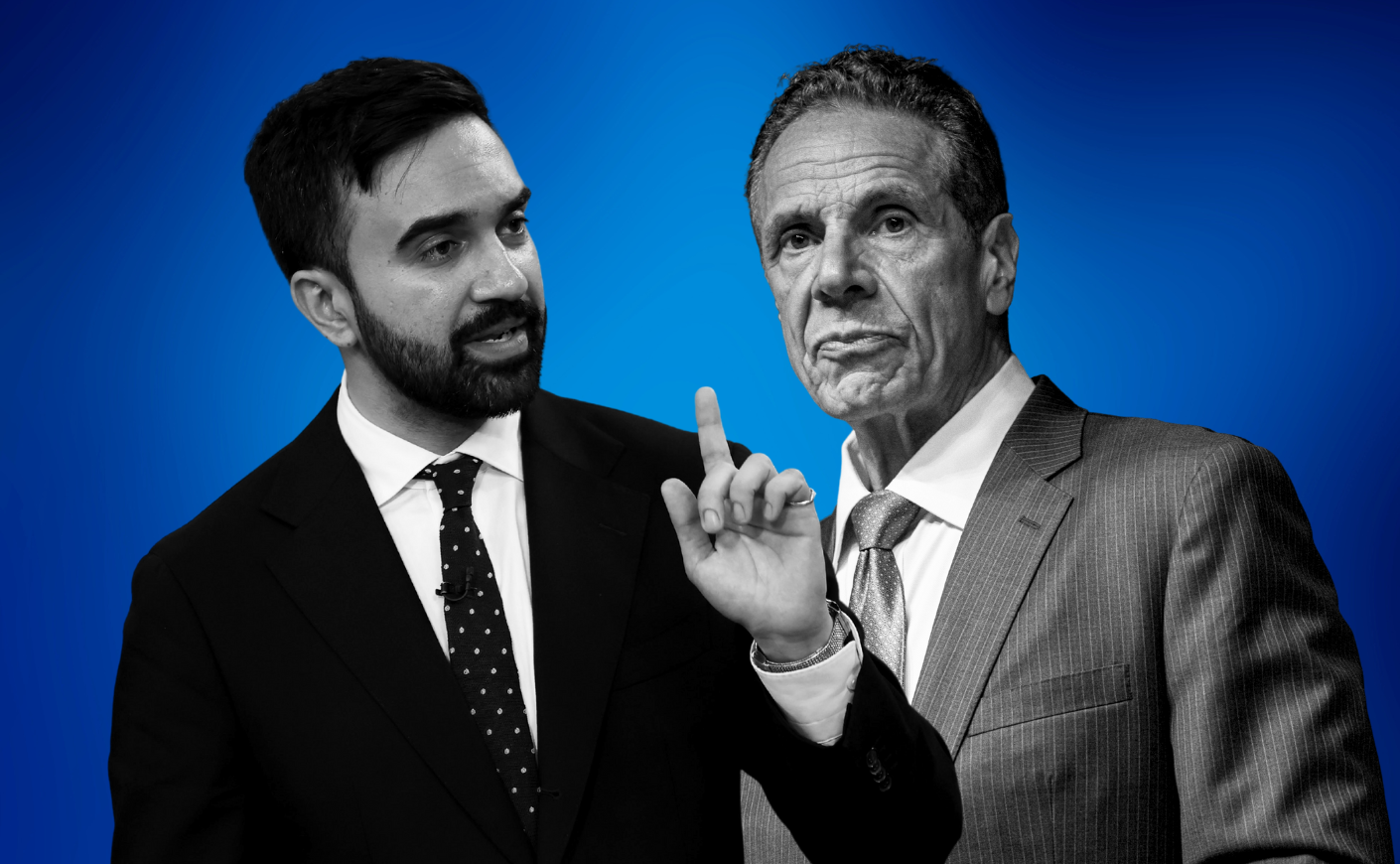 black and white image of zohran mamdani and andrew cuomo