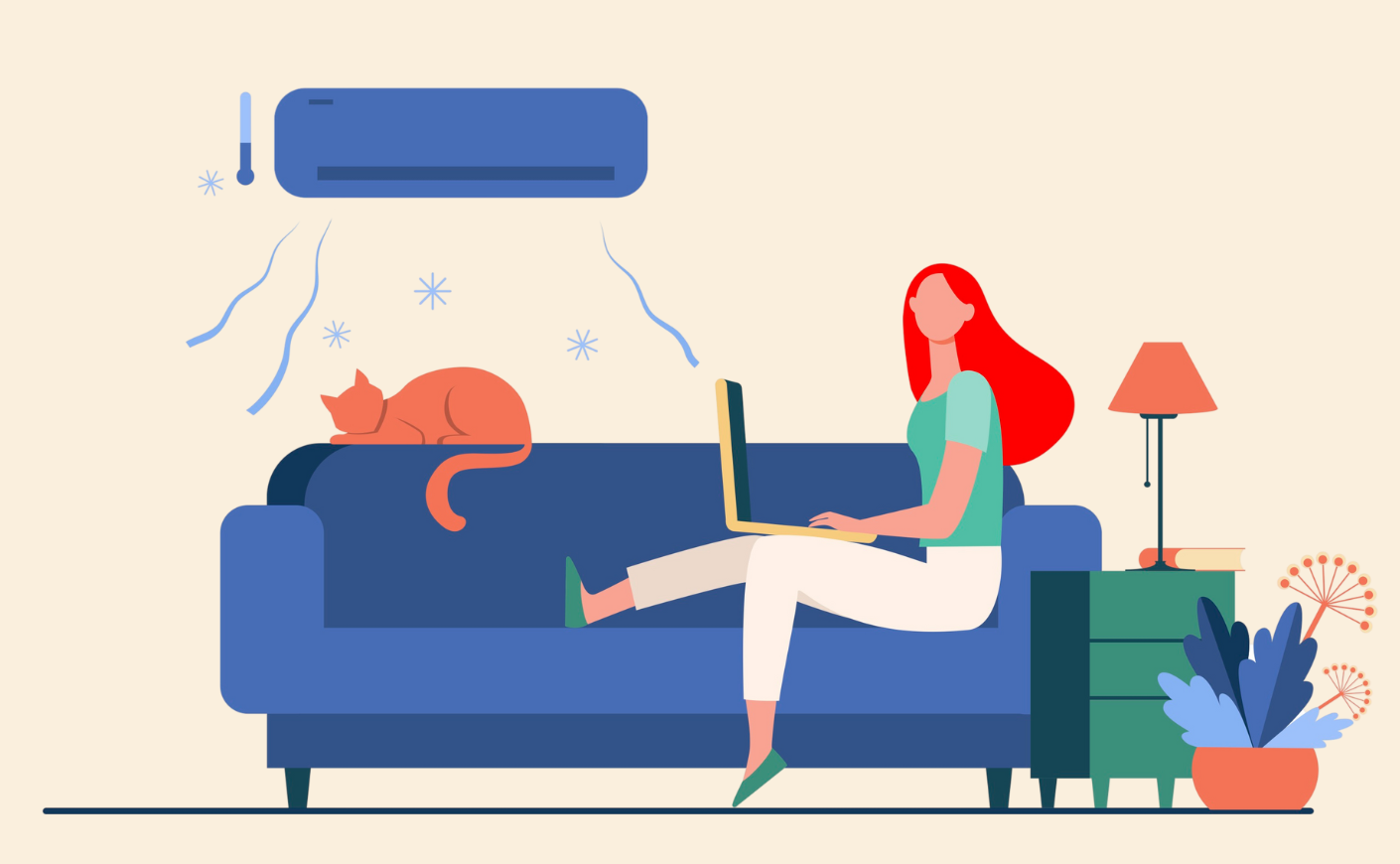 illustration of a woman sitting on her couch with her cat and lap top and the air conditioner running above them