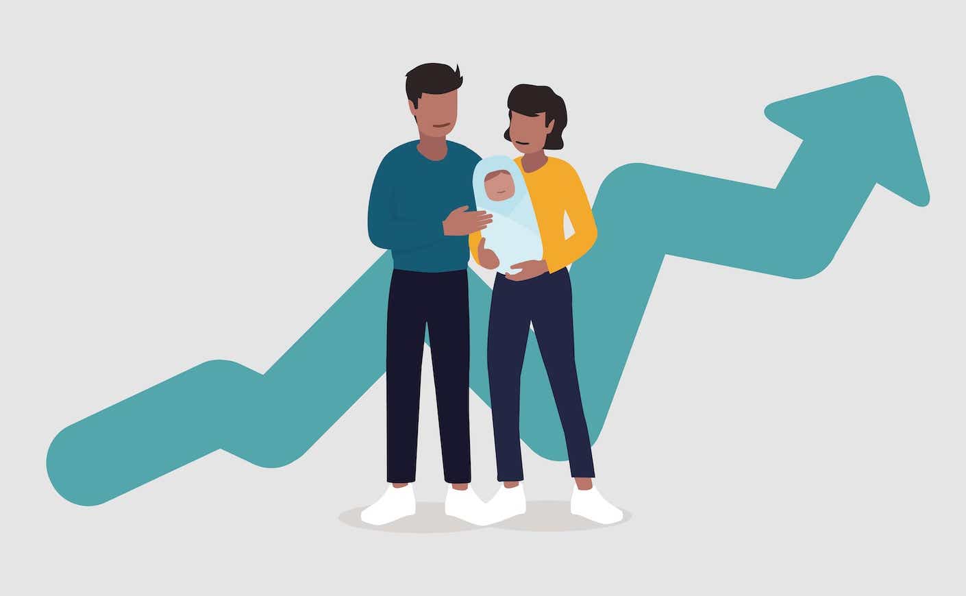illustration of a couple holding a newborn with an arrow going up behind them