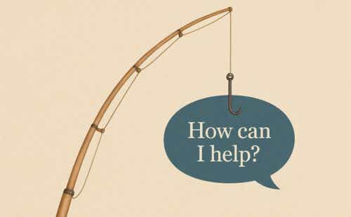 an illustration of a fishing rod that hooked a test bubble that says "how can i help?"
