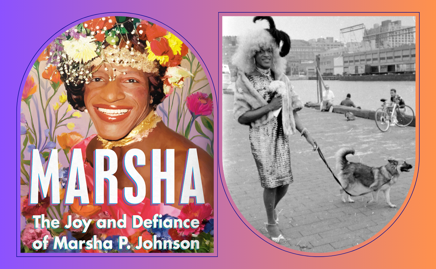 cover of Marsha Johnson autobiography next to a black and white photo of Marsha P Johnson walking a dog