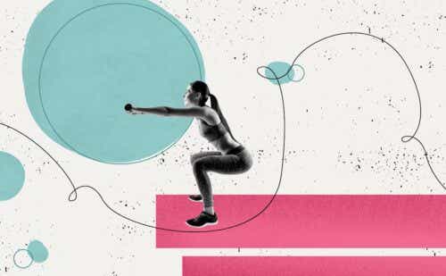 woman doing a squat on a colorful background