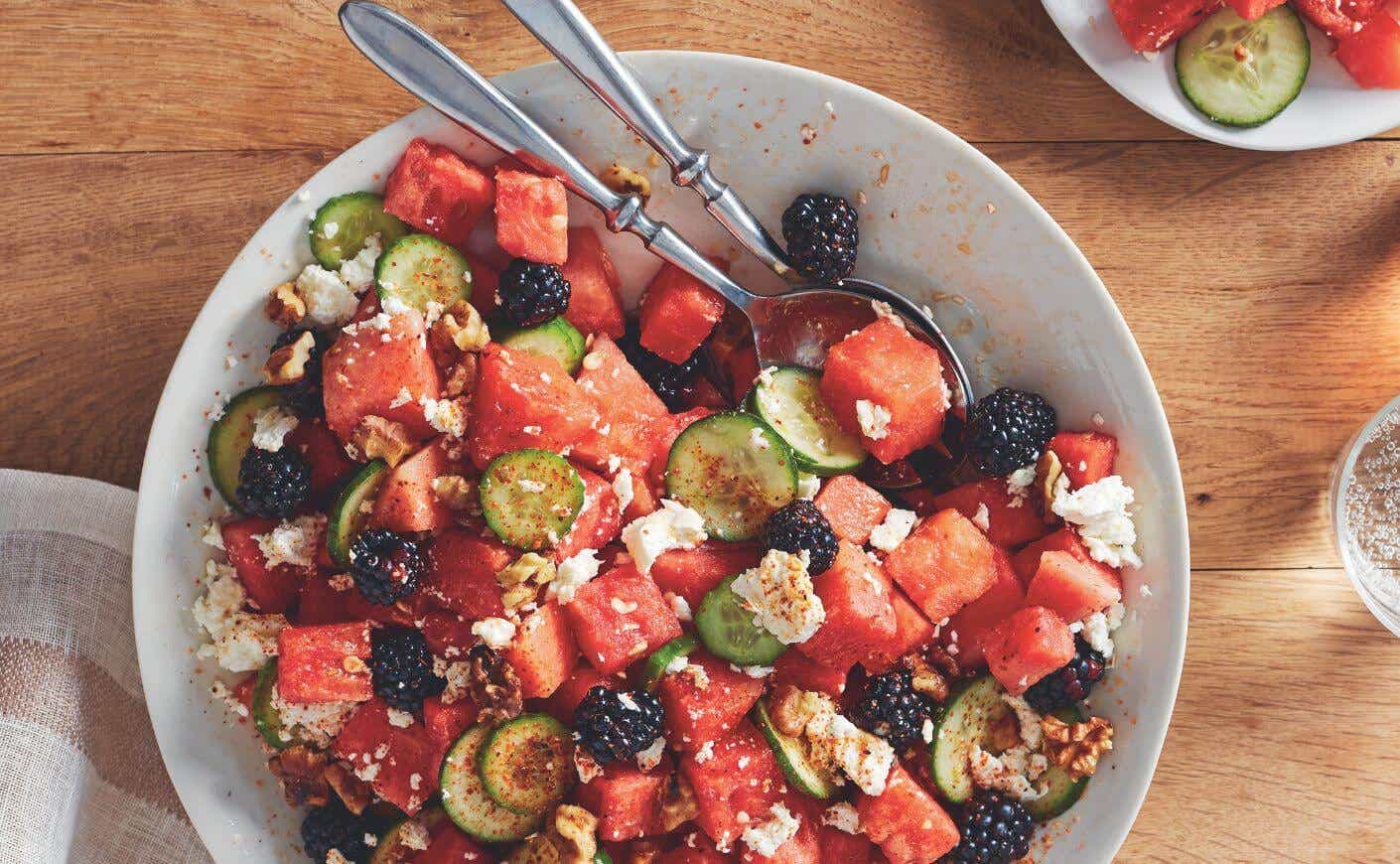 A bowl of watermelon feta salad.