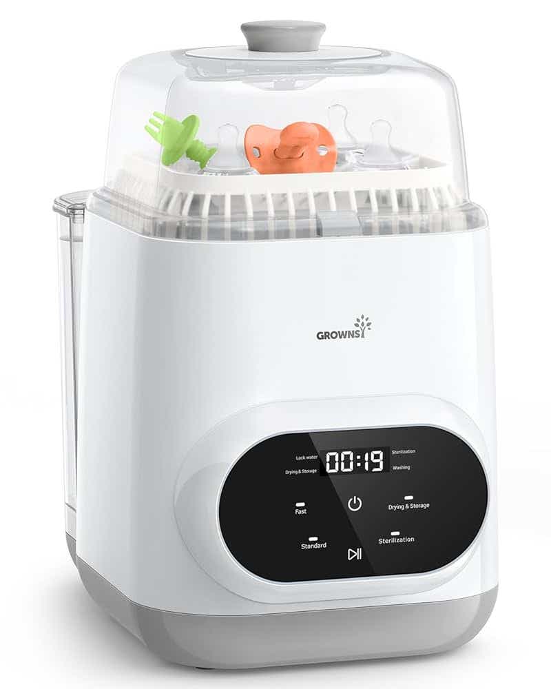 grownsy baby bottle washer device with pacifiers in the top compartment