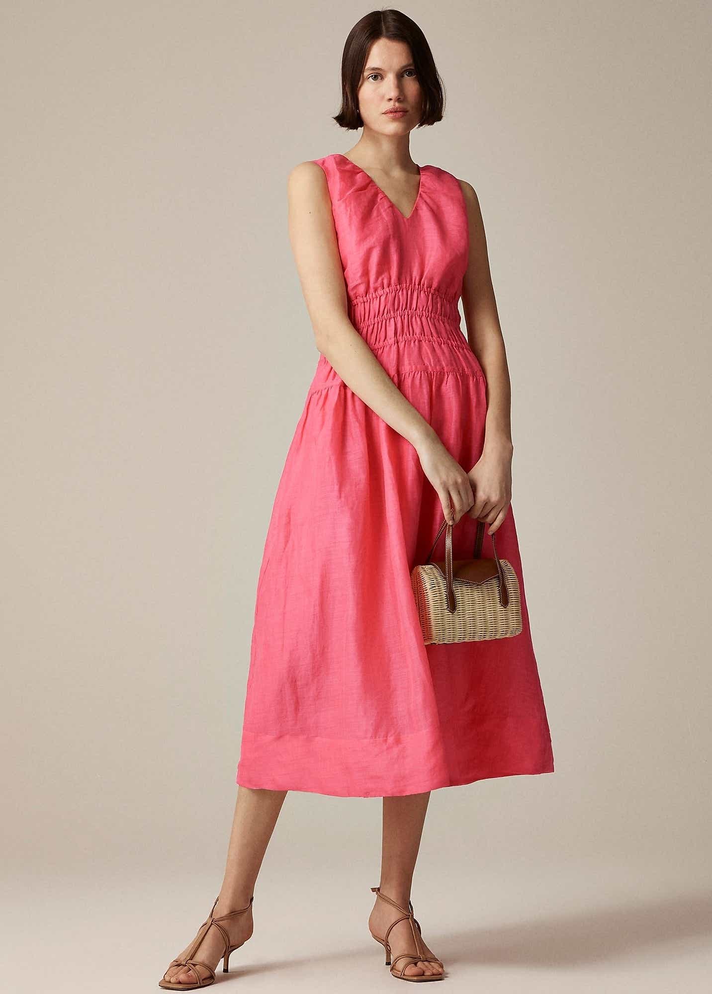 JCREW MIDI DRESS PINK ON MODEL