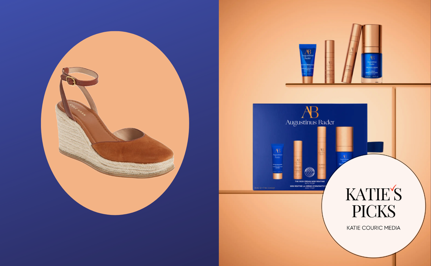 collage of wedge espadrilles augustinus bader skincare set