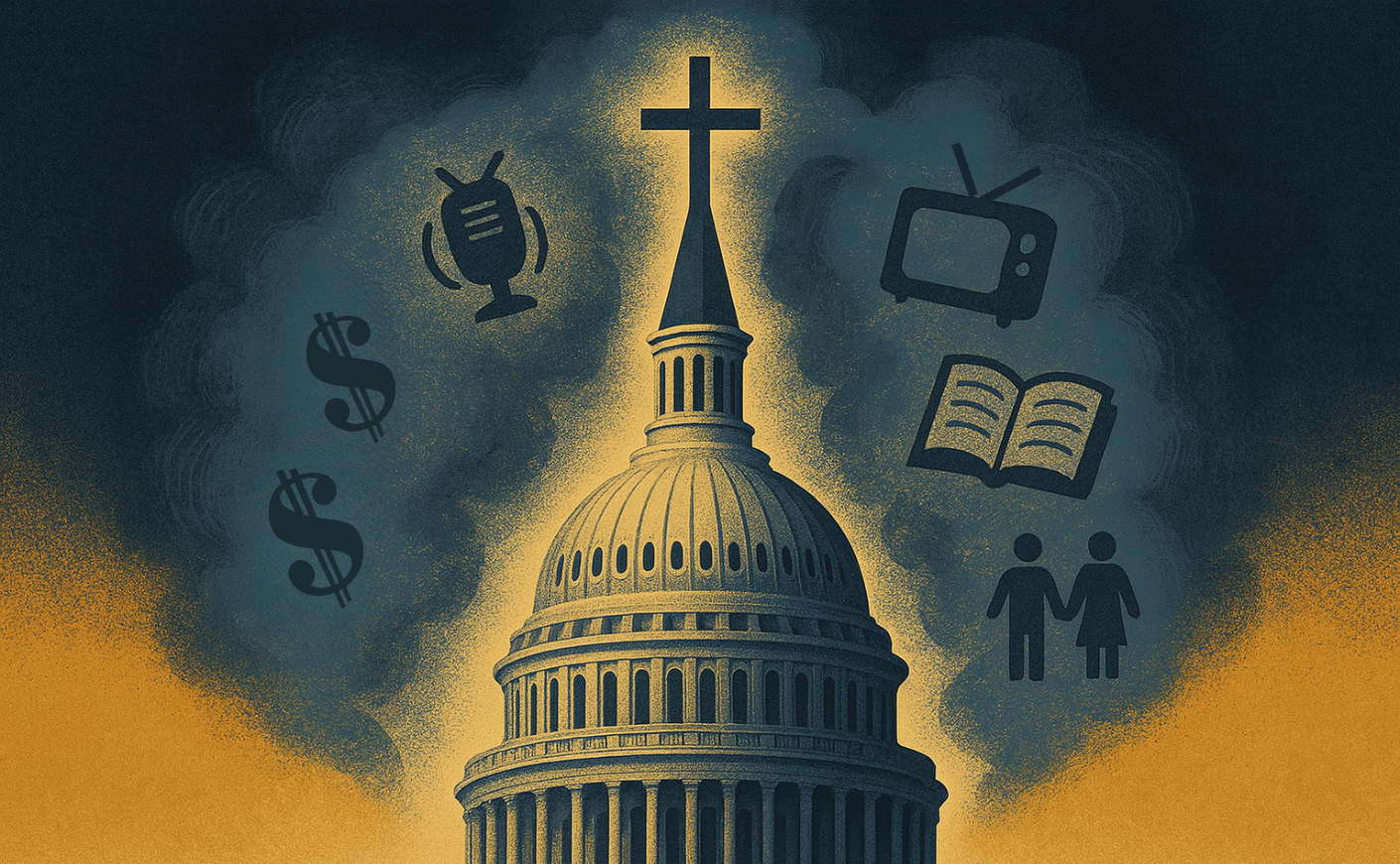 illustration of the capitol building with the steeple becoming a cross and symbols around it for media and money