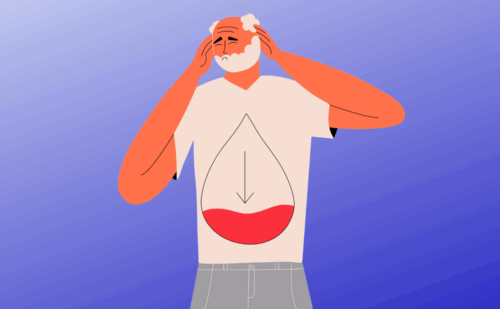 illustration of a man holding his head with a blood drop on his shirt