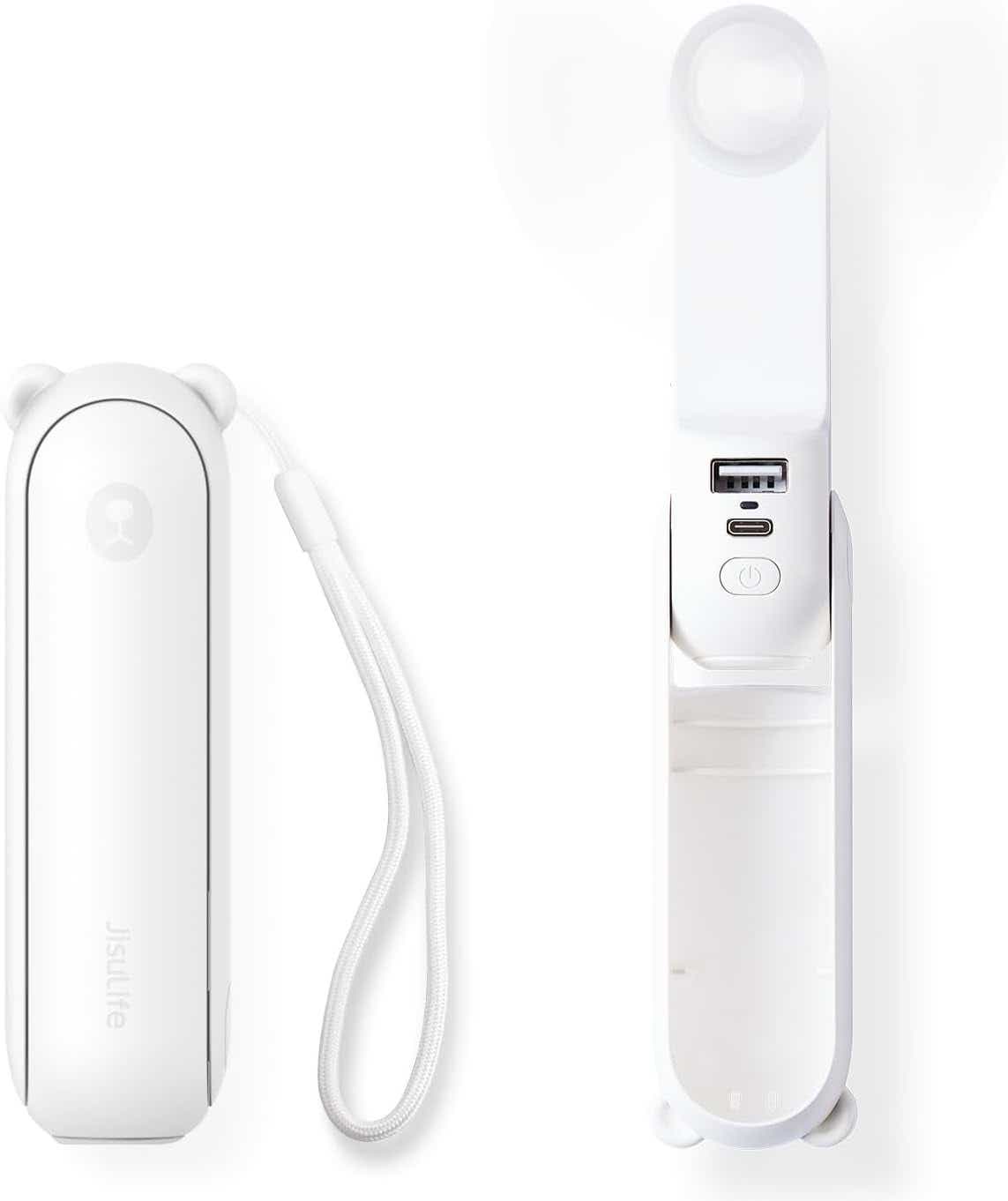 JISULIFE Handheld Mini Fan, 3 IN 1 USB Rechargeable Portable Fan [12-19 Working Hours] with Power Bank, Flashlight, Pocket Design for Travel/Summer/Concerts/Lash, Gifts for Women (White)