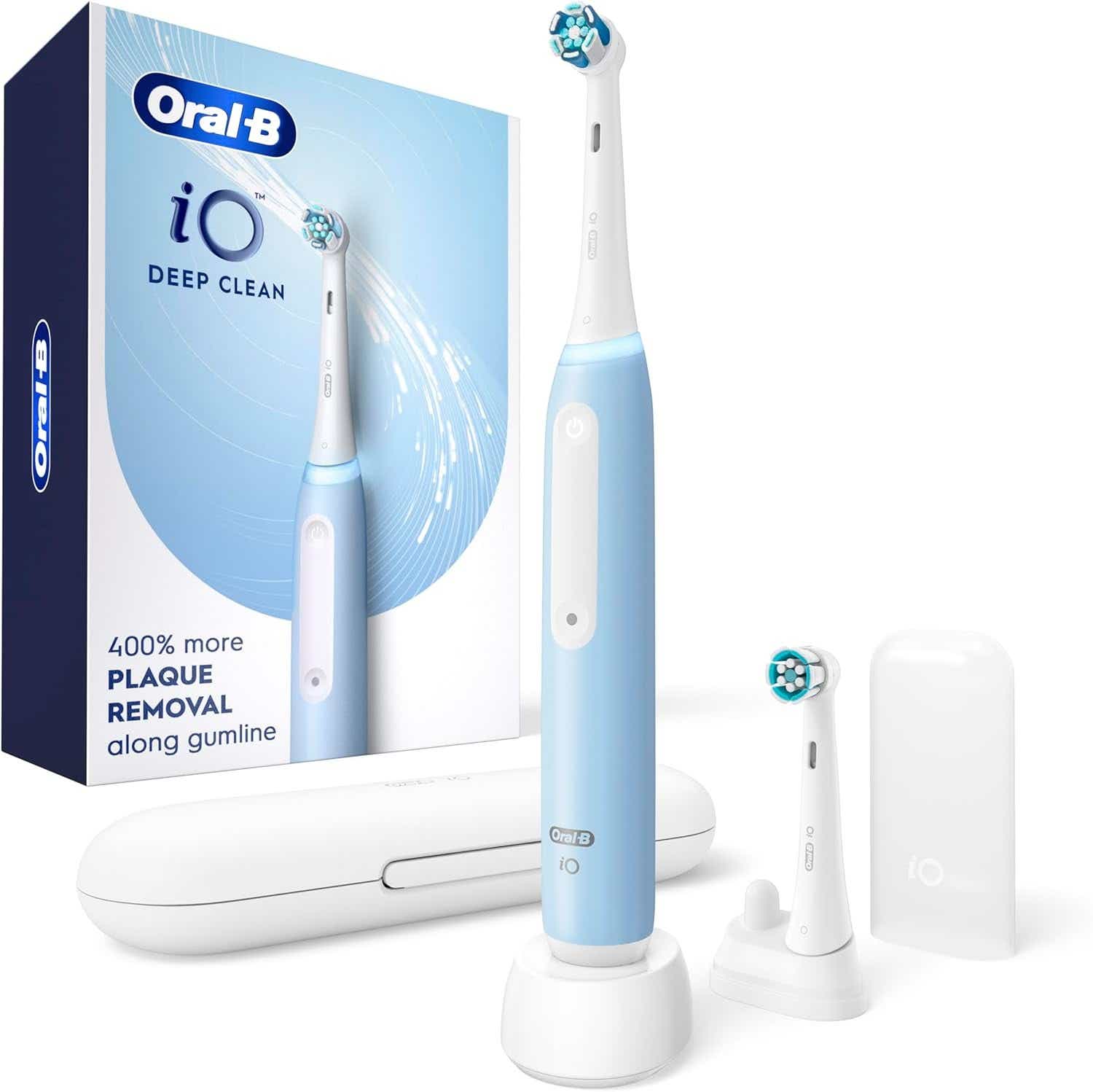 Oral-B iO Deep Clean Rechargeable Electric Powered Toothbrush, Icy Blue with iO Series 3 Limited, 2 Brush Heads and Travel Case - Pressure Sensor to Protect...