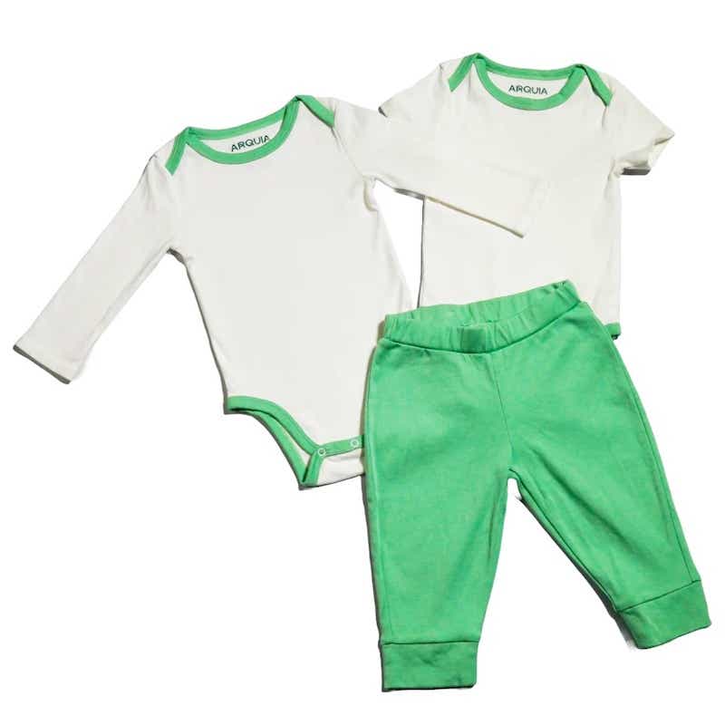 white long sleeve baby bodysuit, matching pants and short sleeve onesie