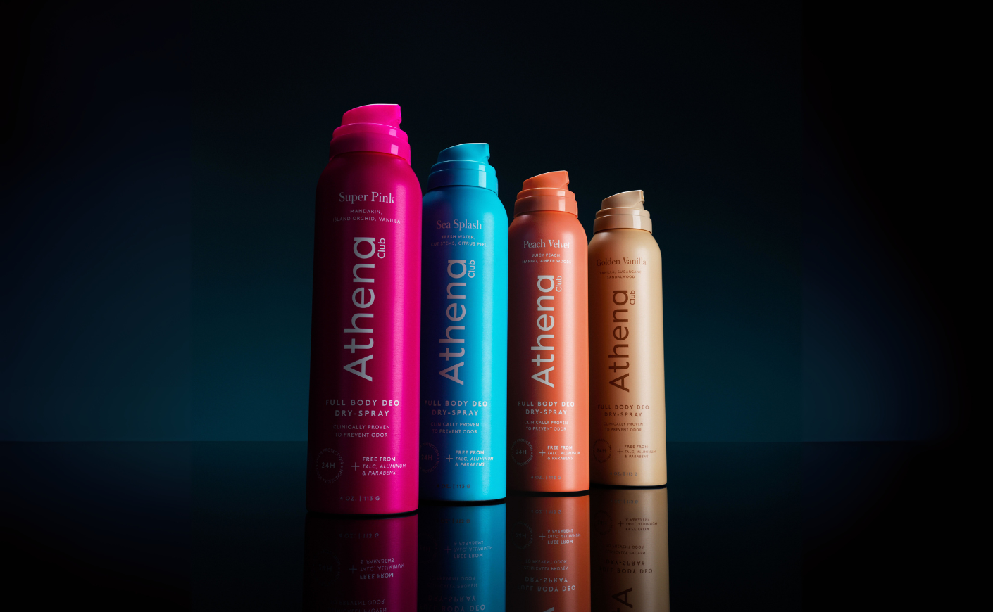 lineup of Athena Club deordorant spray bottles in vibrant colors