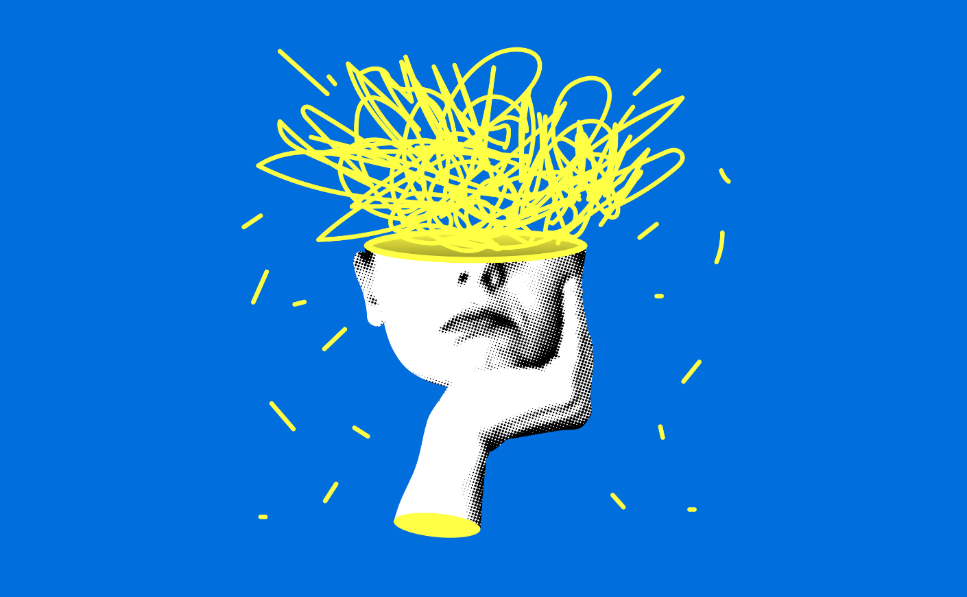 an illustration of a woman with the top half of her head exposed and filled with yellow squiggles
