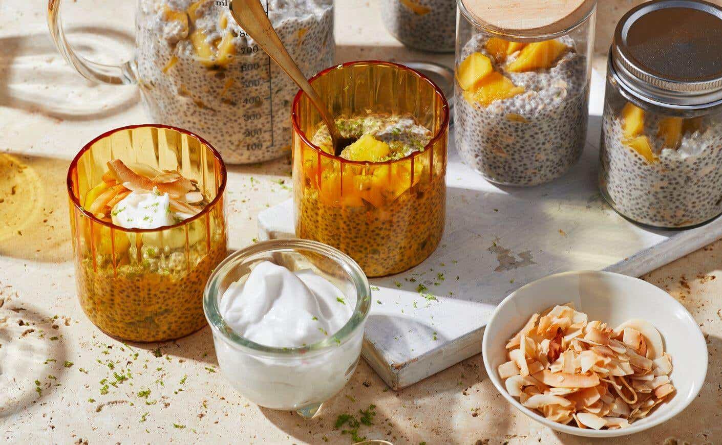An assortment of chia puddings.
