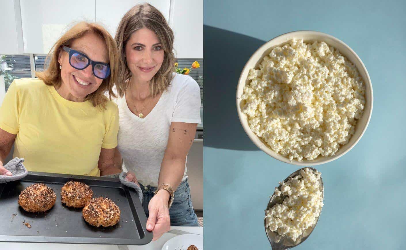 Katie Couric and Kelly Rizzo hold a tray of cottage cheese bagels on one half of the image; the other half is a bowl and spoon of cottage cheese.