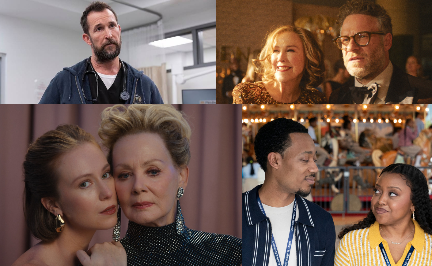 a collage of 4 tv shows: the pitt, the studio, hacks, and abbott elementary