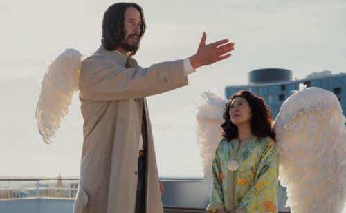 keanu reeves and sandra oh with angel wings in Good Fortune