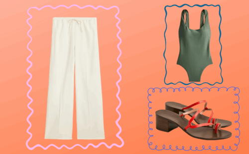 collage of white jcrew pants, pale green one-piece, and red strappy sandals