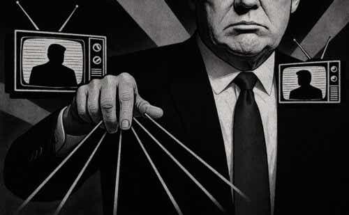 illustration of a man in a tie holding marionette strings with tv screens behind him