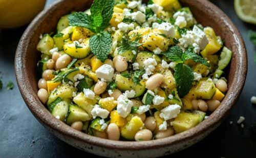A bowl of zucchini and white bean salad.