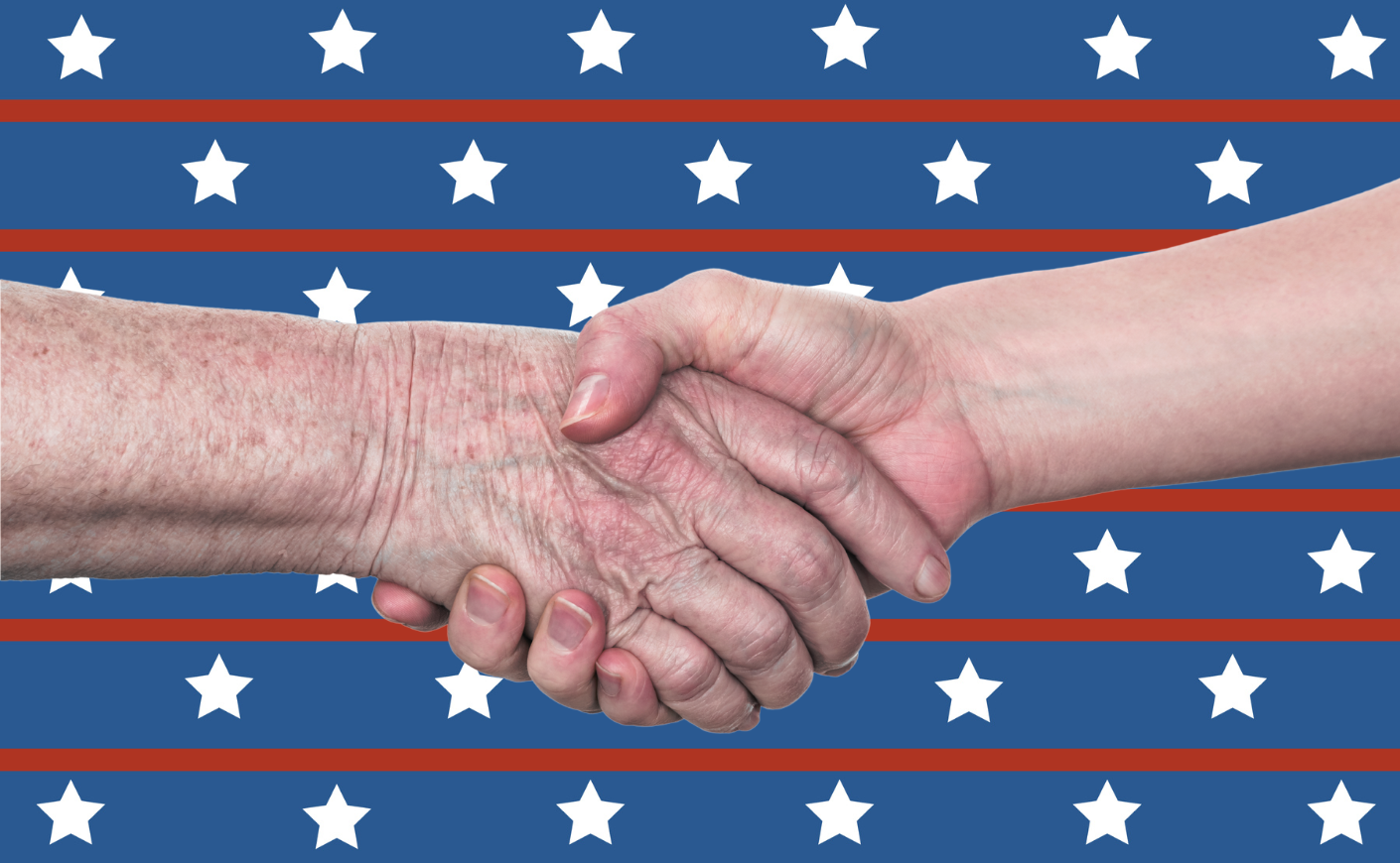 Two wrinkled hands in a handshake over a stars-and-stripes background
