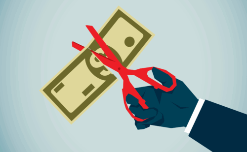 illustration of a hand cutting a dollar bill with scissors