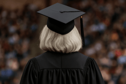 woman with gray hair graduating college