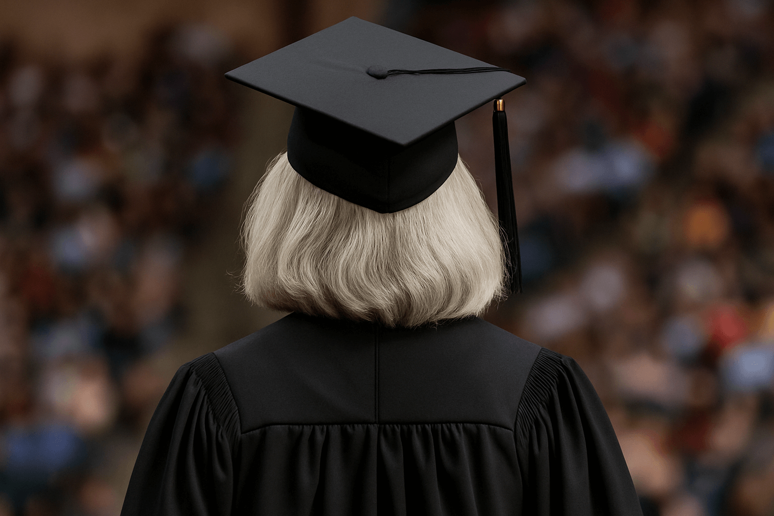 woman with gray hair graduating college