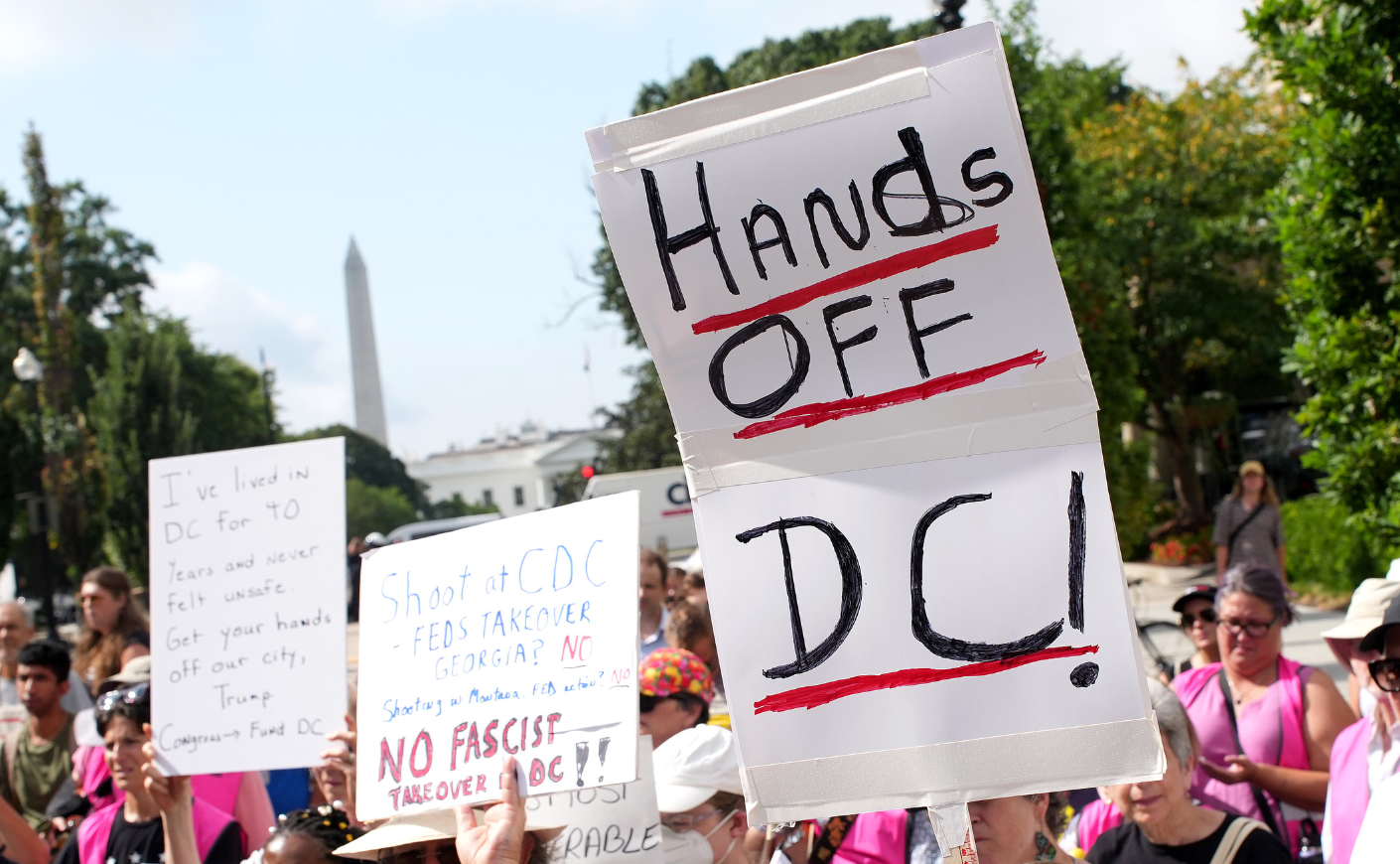 Protestors holding signs reading "Hands Off DC!"