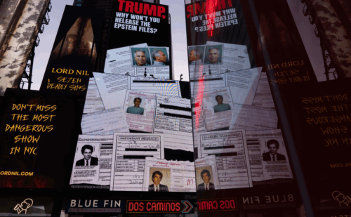 Billboards in Times Square demanding Trump release the Epstein files