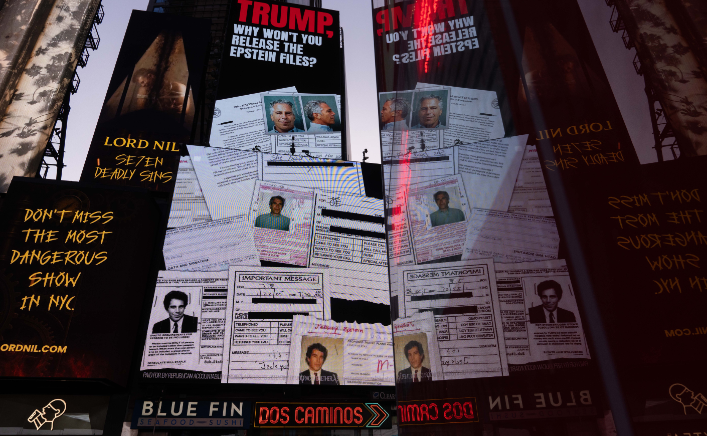Billboards in Times Square demanding Trump release the Epstein files