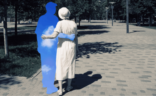 An older couple embracing, with images of clouds in the man's silhouette, illustrating grief and loss