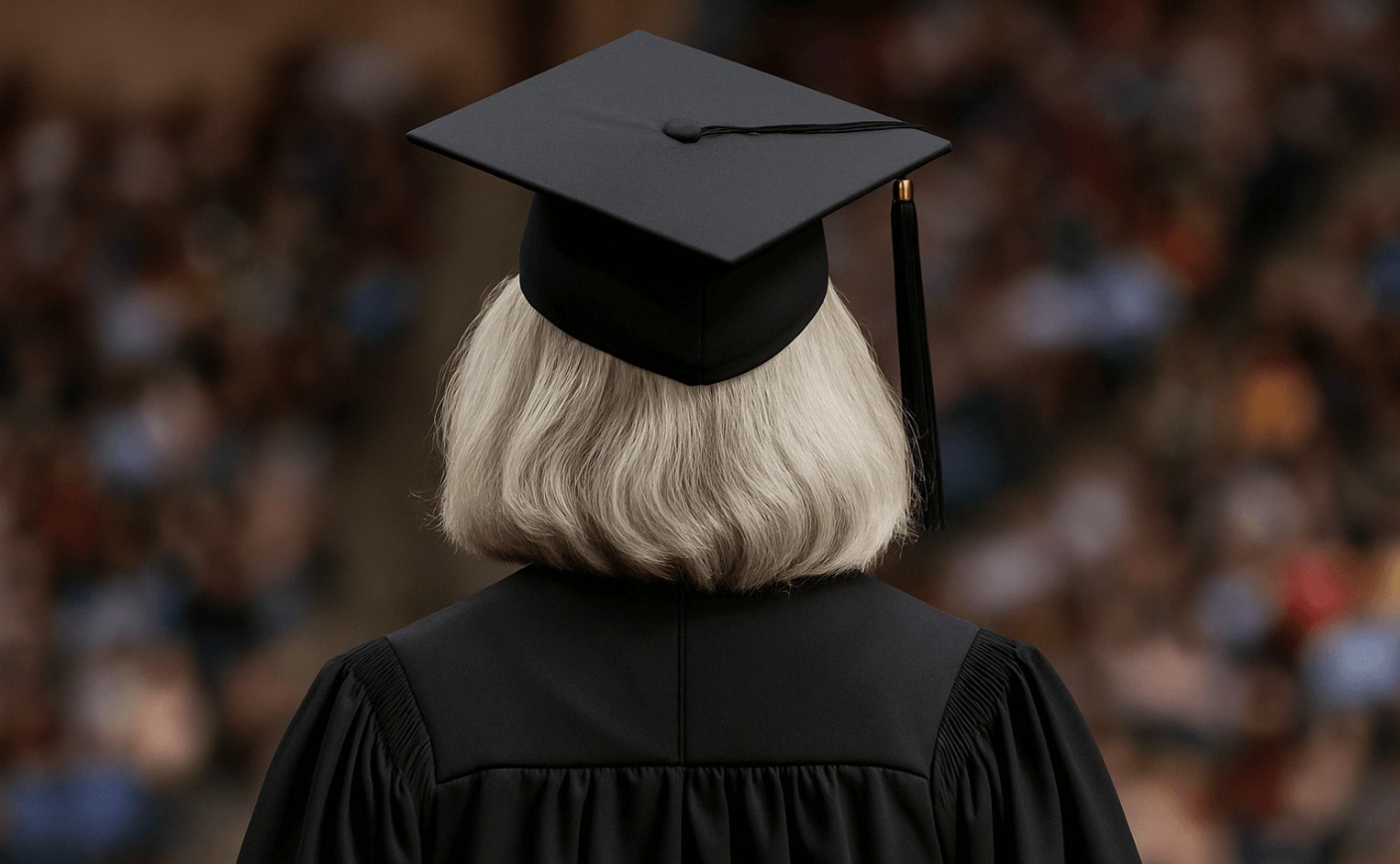 woman with gray hair graduating college