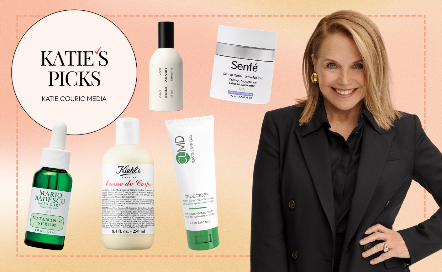 Katie Couric surrounded by her favorite skincare products.