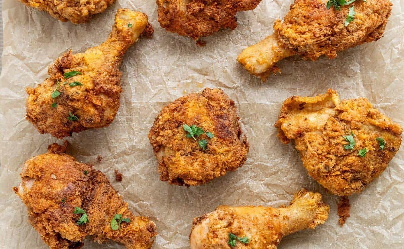 Low carb fried chicken with golden crunchy crust.