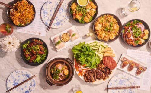 A spread of Vietnamese food on a table.