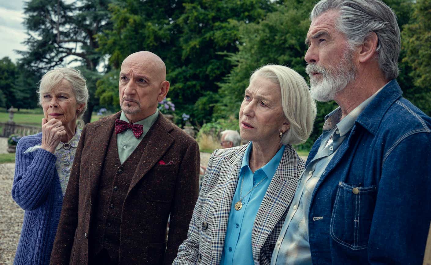 the cast of the thursday murder club: celia imrie, ben kingsley, helen mirren, and pierce brosnan looking out in the distance
