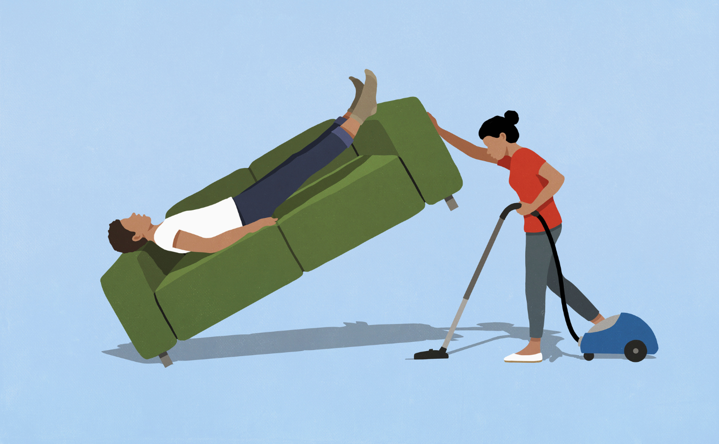 Wife vacuuming, lifting sofa with sleeping husband
