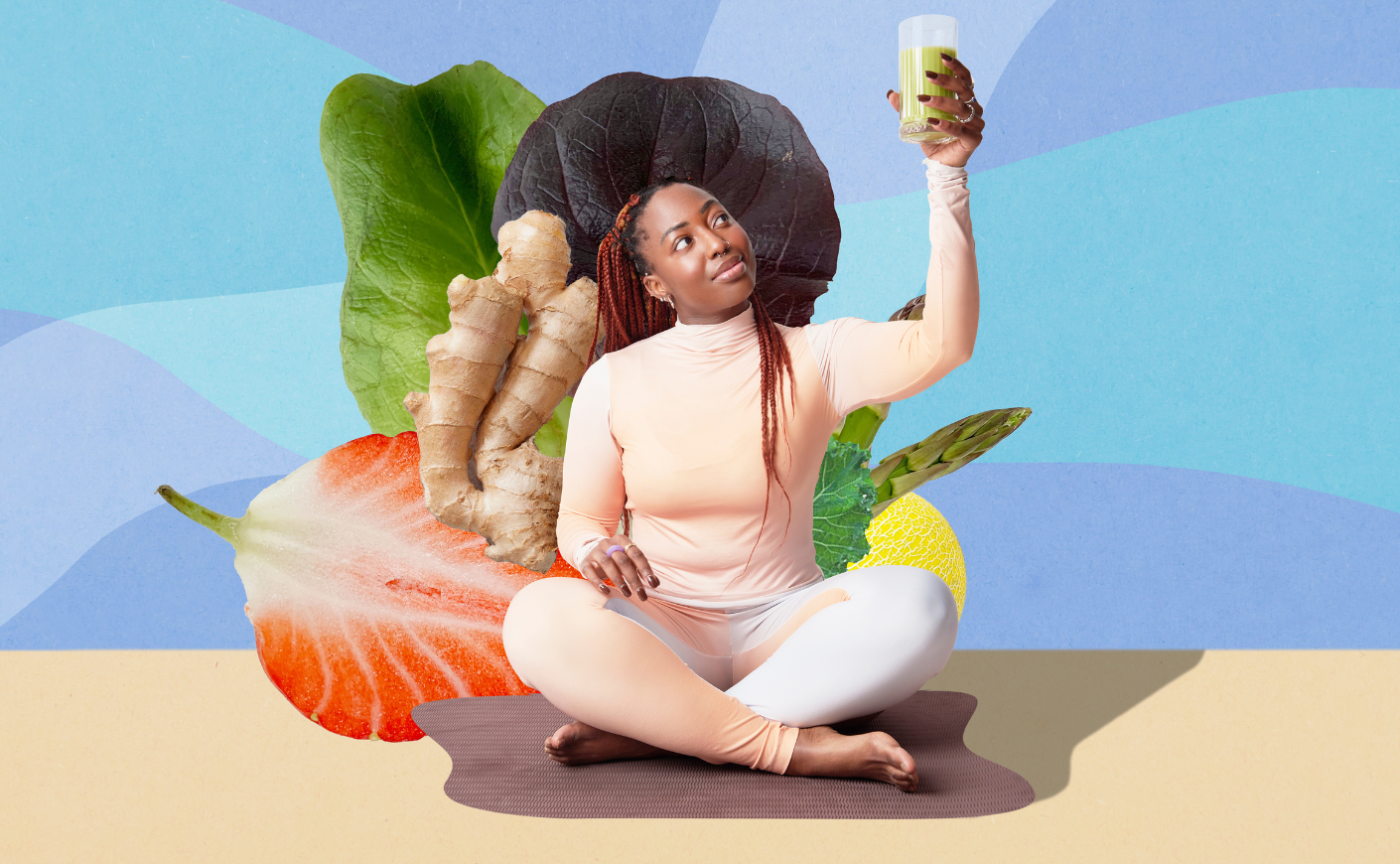A young Black woman holding up a jar of green juice and sitting on a backdrop of fruits and vegetables