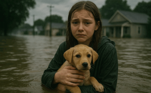 An A.I.-generated image of a young girl looking sad, holding a puppy in a flood