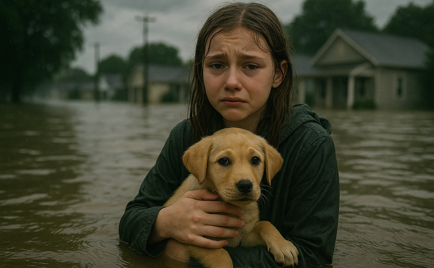 An A.I.-generated image of a young girl looking sad, holding a puppy in a flood